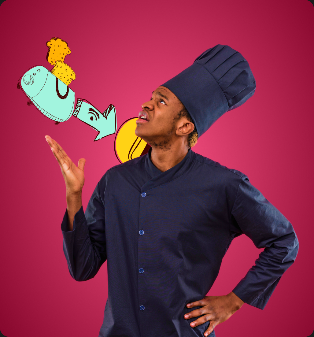 A chef in uniform pointing upwards