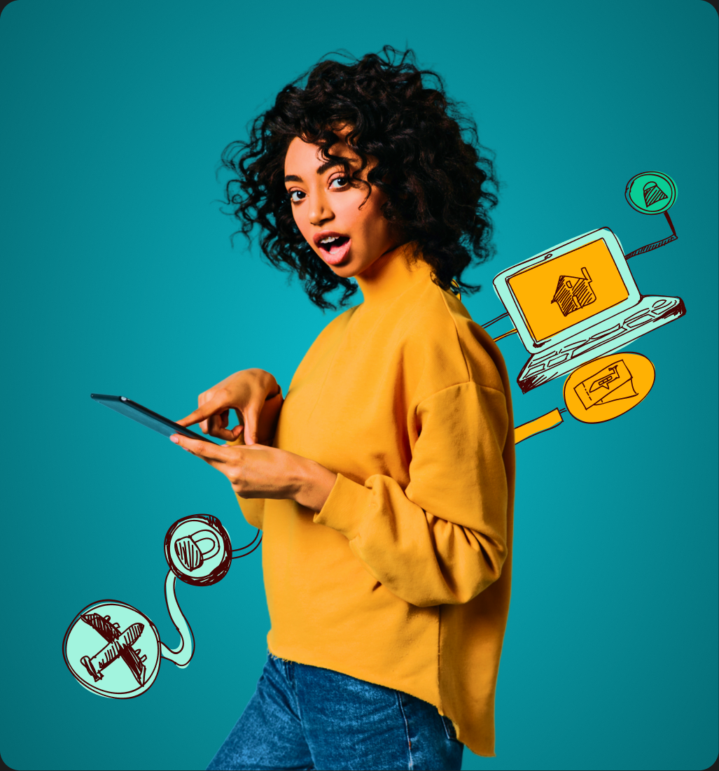 A woman reacting to something on her tablet